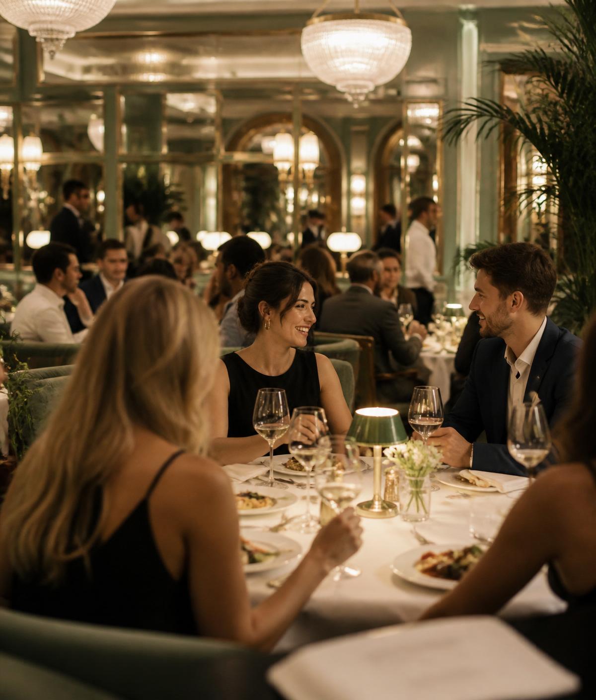 Elegant restaurant dining room filled with guests enjoying dinner