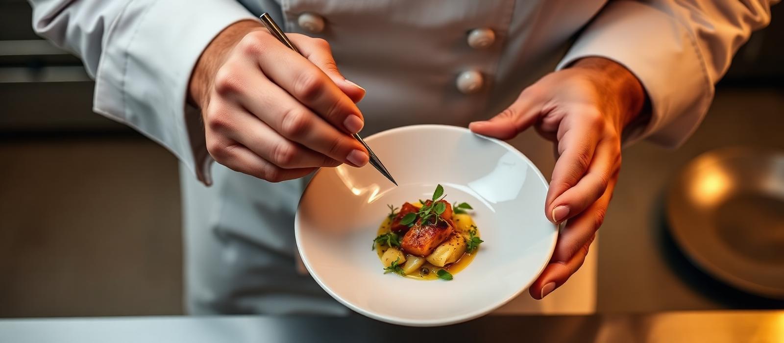 Chef plating a fine-dining dish with tweezers